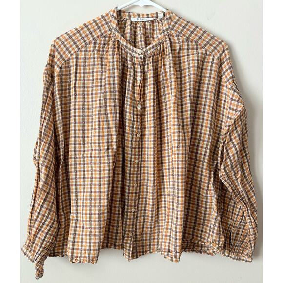 DOEN The Jane Blouse Orange Meringue Plaid Print S - Picture 4 of 9